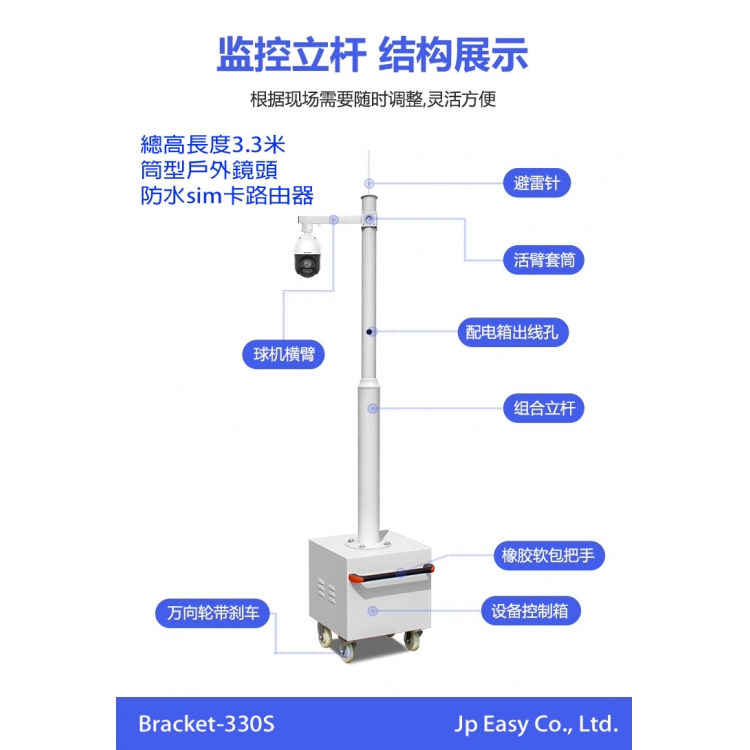 移動式閉路電視鏡頭支架 展覽 臨時用 41x41x330 3.3米 防水儲電機箱 連接sim卡路由器 安裝槍鏡/旋轉半球鏡